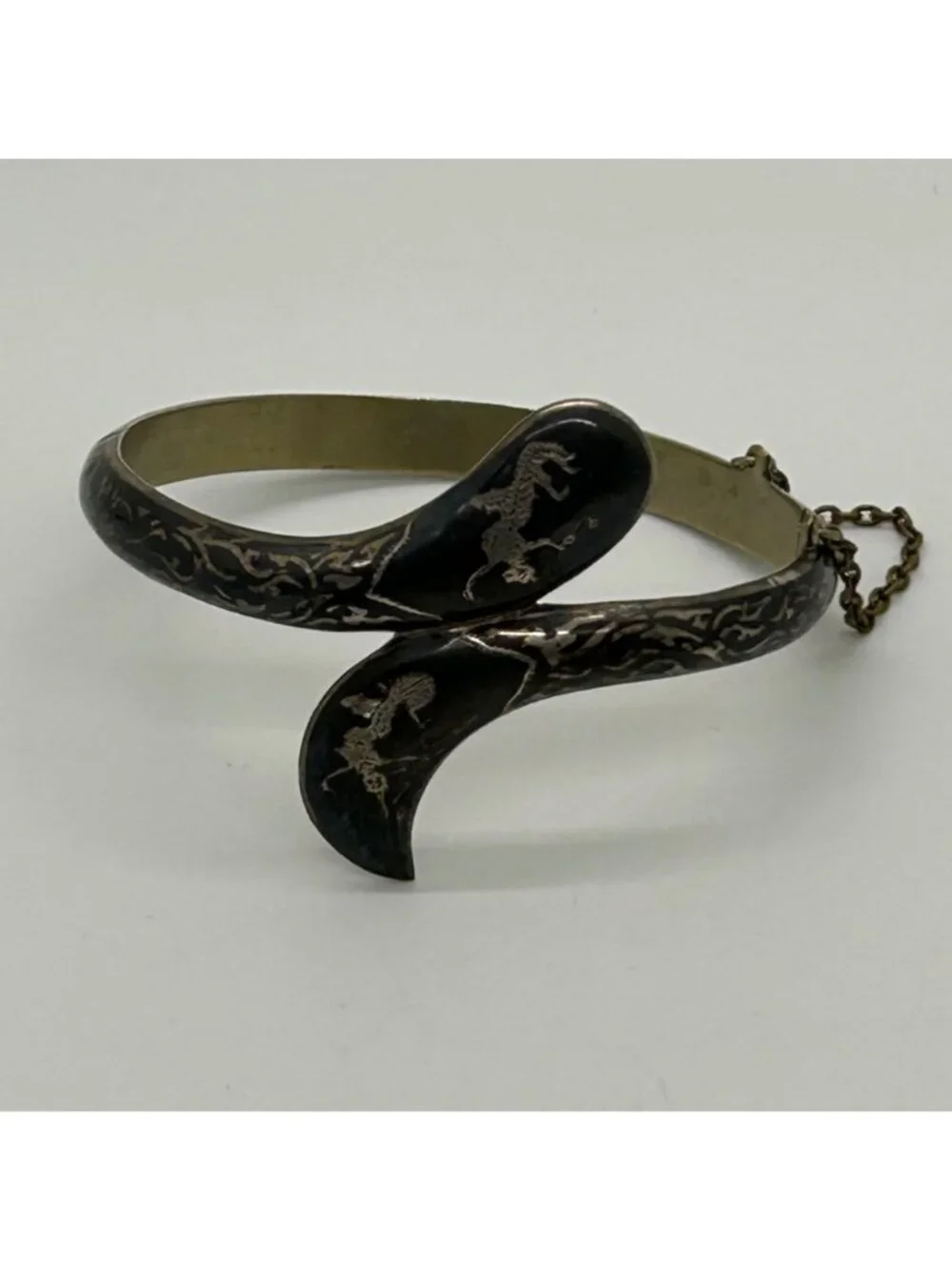 Vintage Siam Niello Bangle Bracelet Thai Black Enamel Hinged Chain Closure